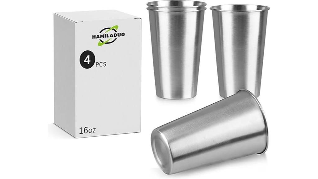 four stainless steel pint cups