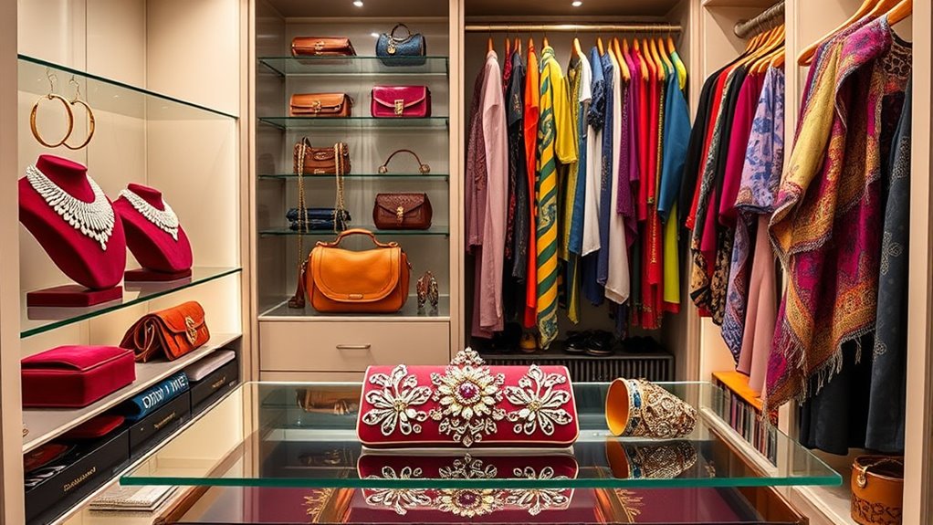 bold jewelry and unique handbags